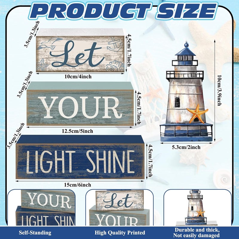 Lineshading 4 Pcs Beach Coastal Table Decor Wooden Lighthouse Decoration with Starfish Summer Tiered Tray Decor Blue and White Ocean Centerpieces Rustic Beach House Nautical Decorations for Home Shelf - Image 3